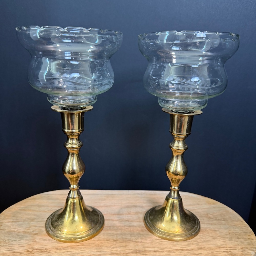 Vintage Brass Candlestick Holders Set 2 Etched Glass Hurricane Shades Gold 8"